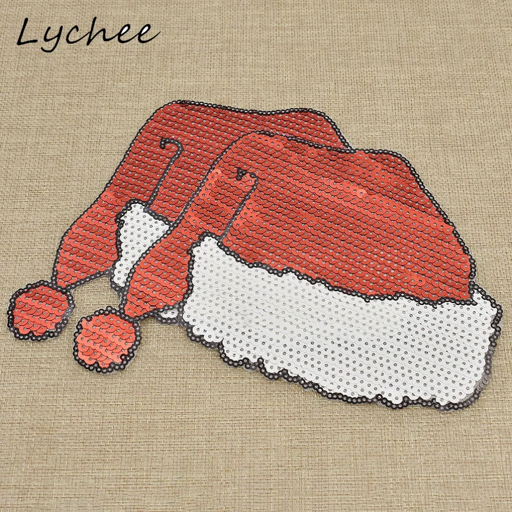 Lychee Cartoon Red Christmas Hat Sequins Patches With Adhesive Iron On Women Children Clothes Bag Sewing Applique | Дом и сад