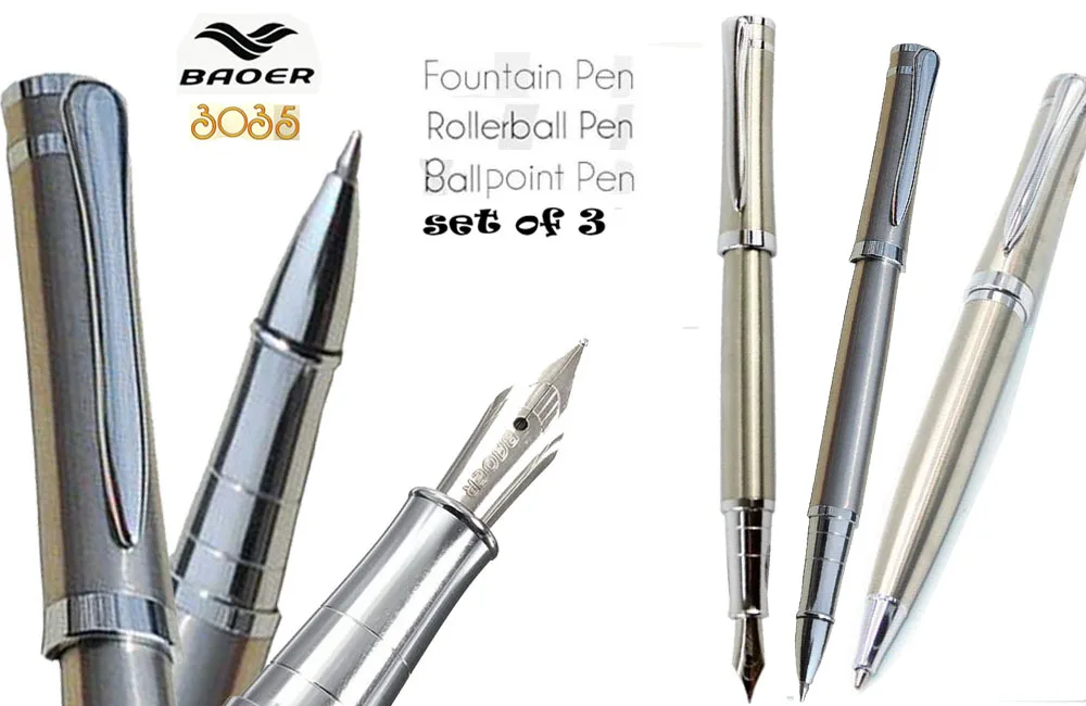 

Set of 3 Fountain pen Roller Ball and Ballpoint pens Chrome Silver BAOER 3035 signature pens wholesale 3pens/lot Free Shipping