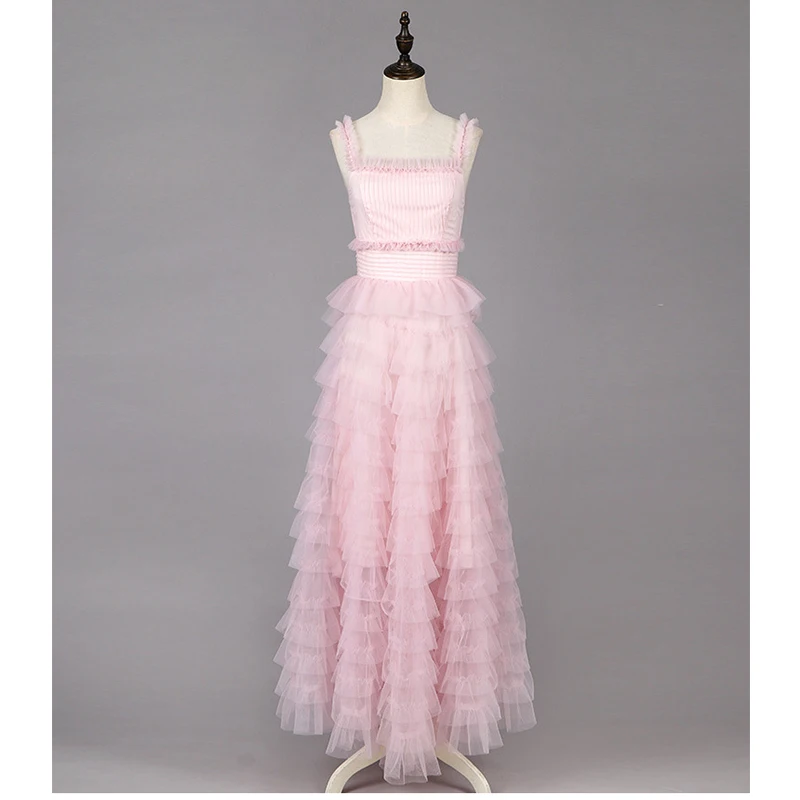 Цветное высококачественное подиумное платье, летнее элегантное милое розовое платье на бретельках в стиле пэчворк с кружевами, Длинные вечерние платья, роскошное платье