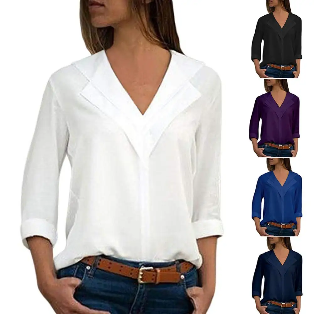 

Fashion Casual Spring Autumn Solid Color V-Neck 3/4 Sleeves Women's Blouse Loose Chiffon Shirt Top S-5XL