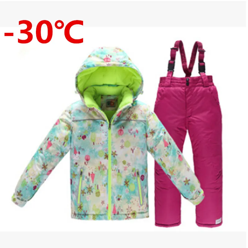 ФОТО -30 girls ski suits children thickening warm clothing set snow jacket +overalls 2 pcs little big girls snowsuits top quality