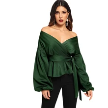 VFan White Office Lady Elegant Lantern Sleeve Surplice Peplum Off the Shoulder Solid Blouse Autumn Sexy Women Tops And Blouses ditsy print surplice wrap blouse