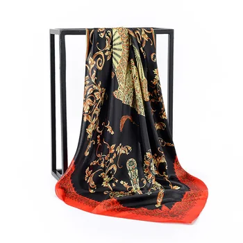 

90*90cm Luxury Brand Women Square Scarf satin Silk Scarves Female flower Printed fan Ladies Office Neckerchief Foulard Bandana