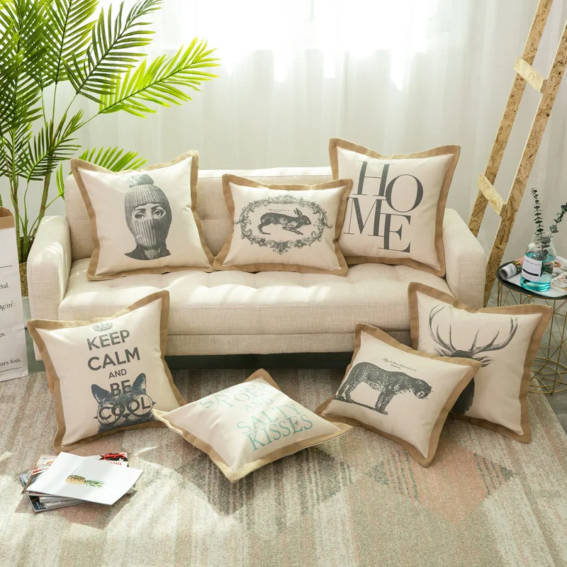 

Design Cotton Linen Cushion Cover Letter Animal Printed Pillow Cover Patchwork Pillow Case Home Decorative Sofa Throw Pillows