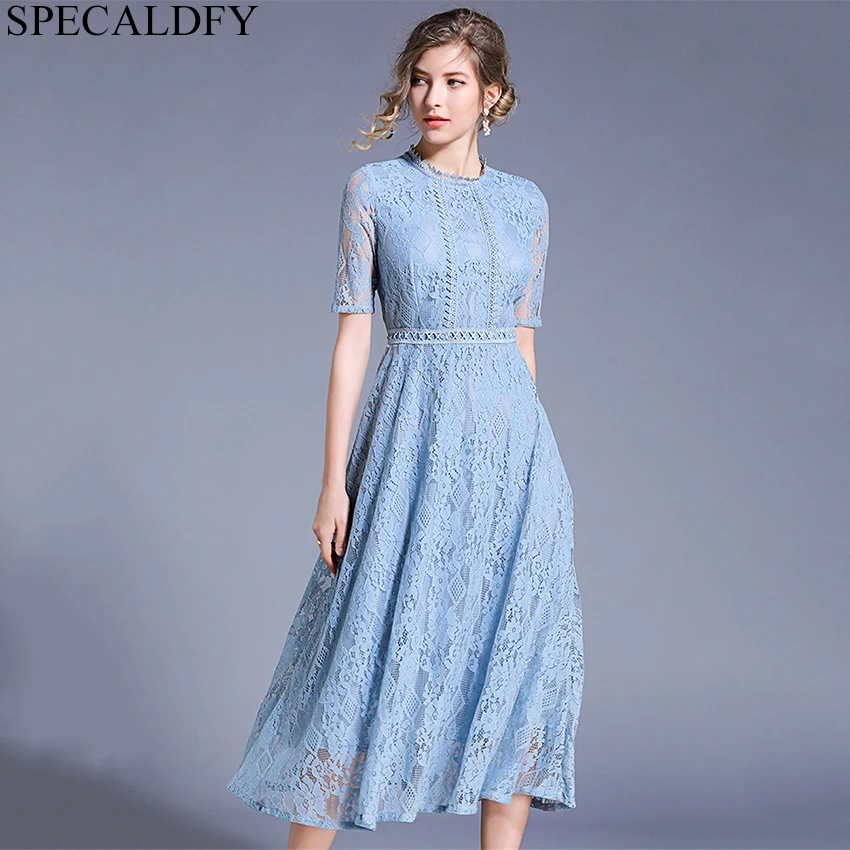 Summer Black Lace Dress Women Short Sleeve Elegant Midi Calf Dress 2019 ...