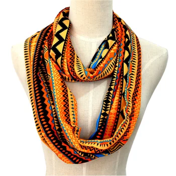 

VOLCHIEN Geometric Print Style Fashion Women Ladies Female Loop Scarf Rings O Neck Rings Orange Rayon Thin