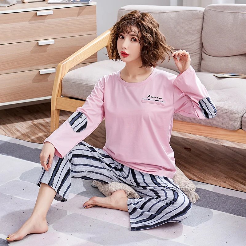 

Nighty Female Casual Autumn Pijama Femme Lingerie Underwear Striped Womens Pajamas Sets Round Neck Sleepwear