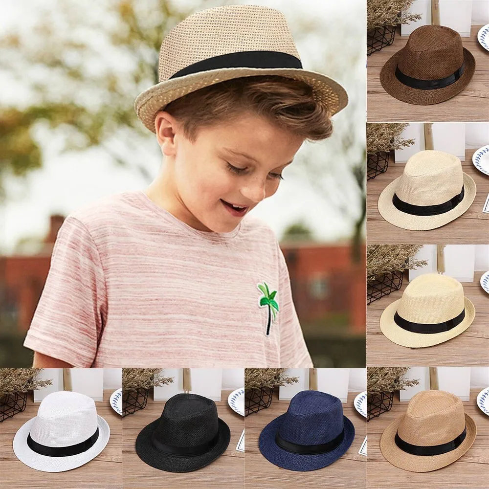 

Children Kids Summer Beach Straw Hat Jazz Panama Trilby Fedora Hat Gangster Cap Outdoor Breathable Hats Girls Boys Sunhat