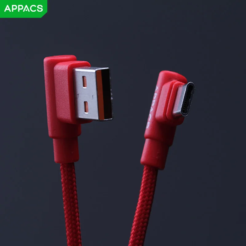 APPACS нейлоновый usb type-C кабель 2.4A USB C быстрое зарядное устройство кабель синхронизации данных 90 градусов кабель type-c для Xiaomi Mi6 huawei samsung S9