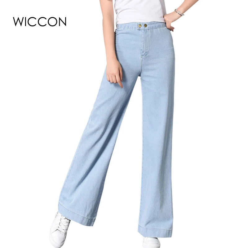 2019 Autumn Women's Wide Leg Jeans Ladys High Waist Solid Bell Bottom Denim Pants Loose Trousers Mom Jeans WICCON