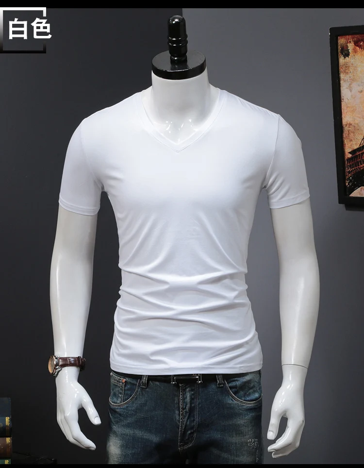 2018 Summer Men's T-shirt Short Sleeve V-Neck Slim Pure Color Modal Cotton Simple T Shirt Bottoming Shirt Youth Men's Clothing (6)