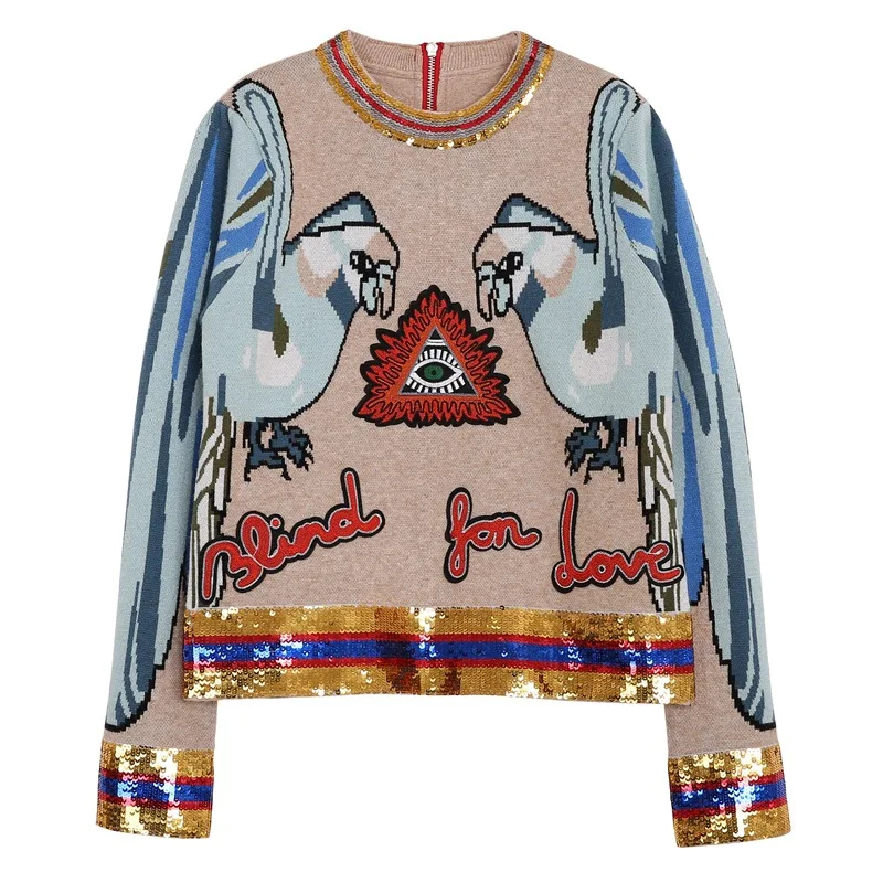 Женский свитер с верблюдом высокого класса с вышитыми попугаем буквами и блестками сзади на молнии шерстяной трикотажный пуловер Дамский Джемпер Топ