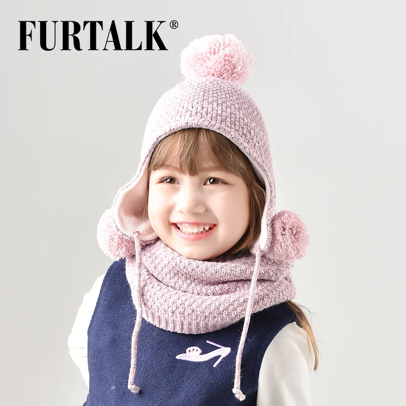 FURTALK Шерстяная Зимняя Детская Шапка и Шарф для Девочики с Помпоном Ушанка