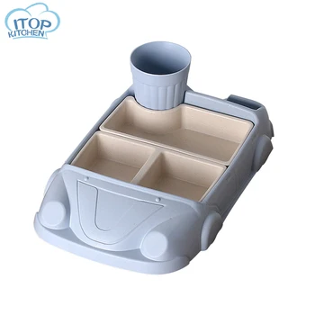 

Kids Food Tray Bamboo fibre Dinnerware Baby Tableware Feeding Bowl Plate Set Blue Children Dishware Set 3Grids Food Tray Cup set