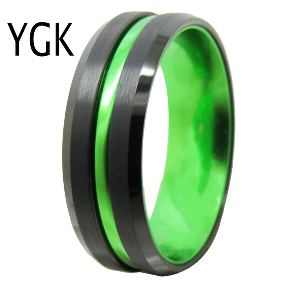 

Tungsten Carbide Wedding Band Rings Anniversary Gift Engagement Ring Black Beveled Tungsten Ring with Green-Anodized Aluminum