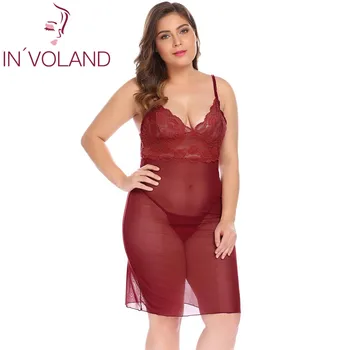 

IN'VOLAND Plus Size XL-5XL Women Sexy Nightgowns Sleepshirts Dress Nightdress Lingerie Sheer Babydoll Set with G-String Big Size