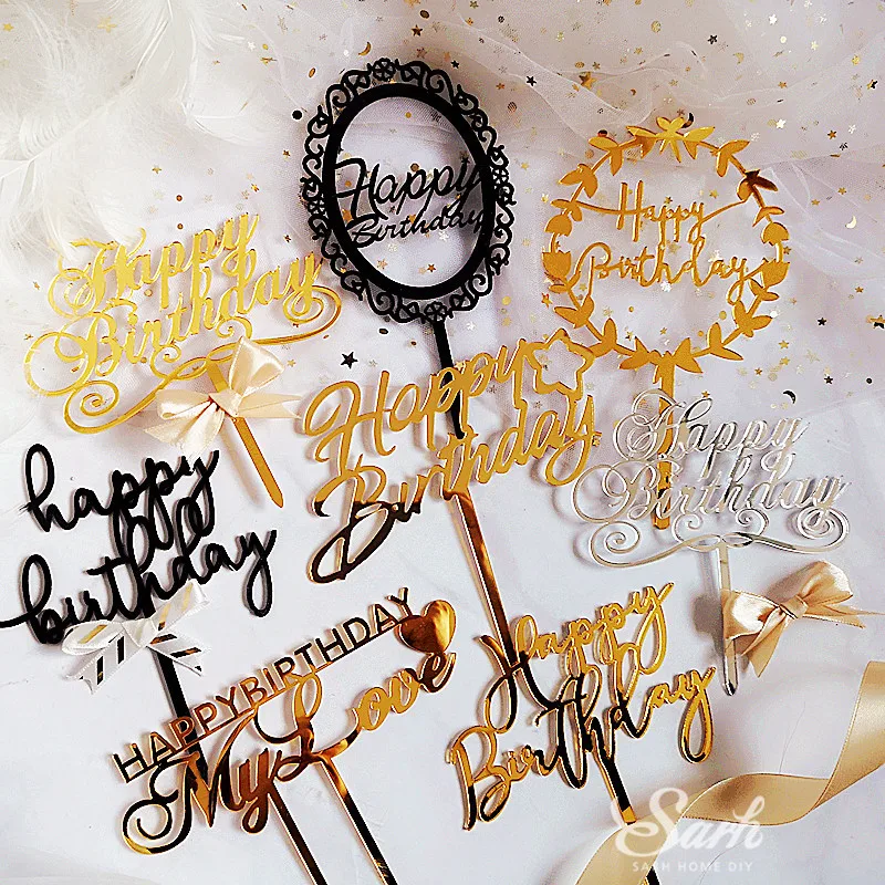 Золотой серебряный черный акриловый ручной пишущий Топпер для торта «С Днем Рождения» десертное украшение для дня рождения милые подарки