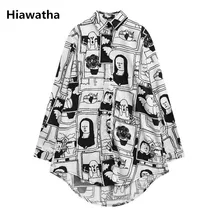 Hiawatha летняя шифоновая рубашка размера «Плюс» Женская с длинным рукавом с мультяшным принтом цифровая Blusas свободная с отложным воротником T3058