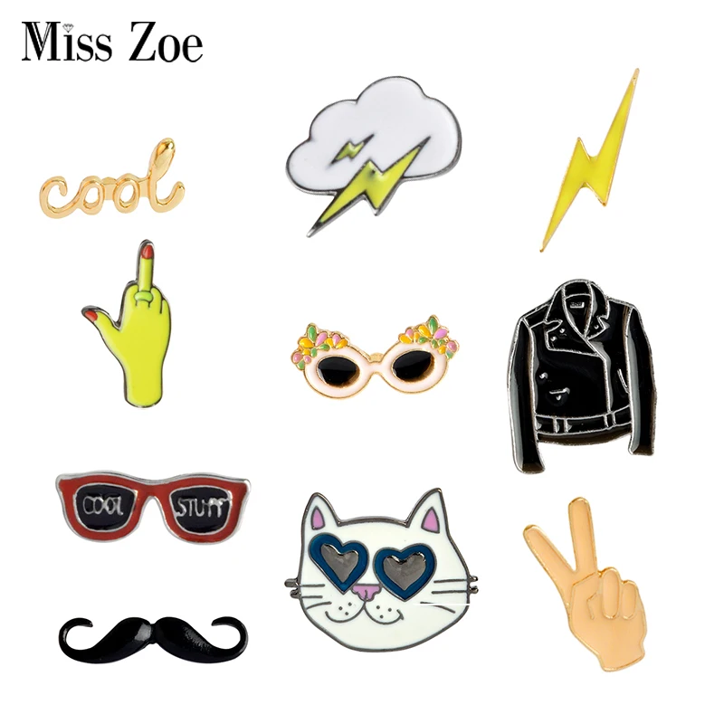 

Bargain price Cartoon Collection Enamel pin lightning clouds moustache cat sunglasses Brooches lapel pin Button badge Funny Gift