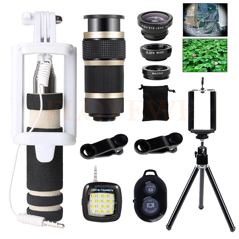 8X Telescopic Zoom Telephoto Lenses Mobile lens Wide Angle Macro Fish eye Lentes Selfie lamp Mini Tripod For iPhone 7 Smartphone