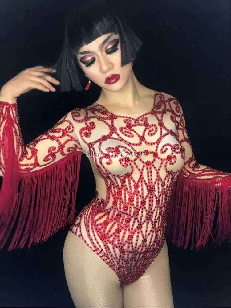 Glitter Bar Strass Rot K Dance Kost rper Nachtclub Quaste Outfit Frauen 6yfgb7