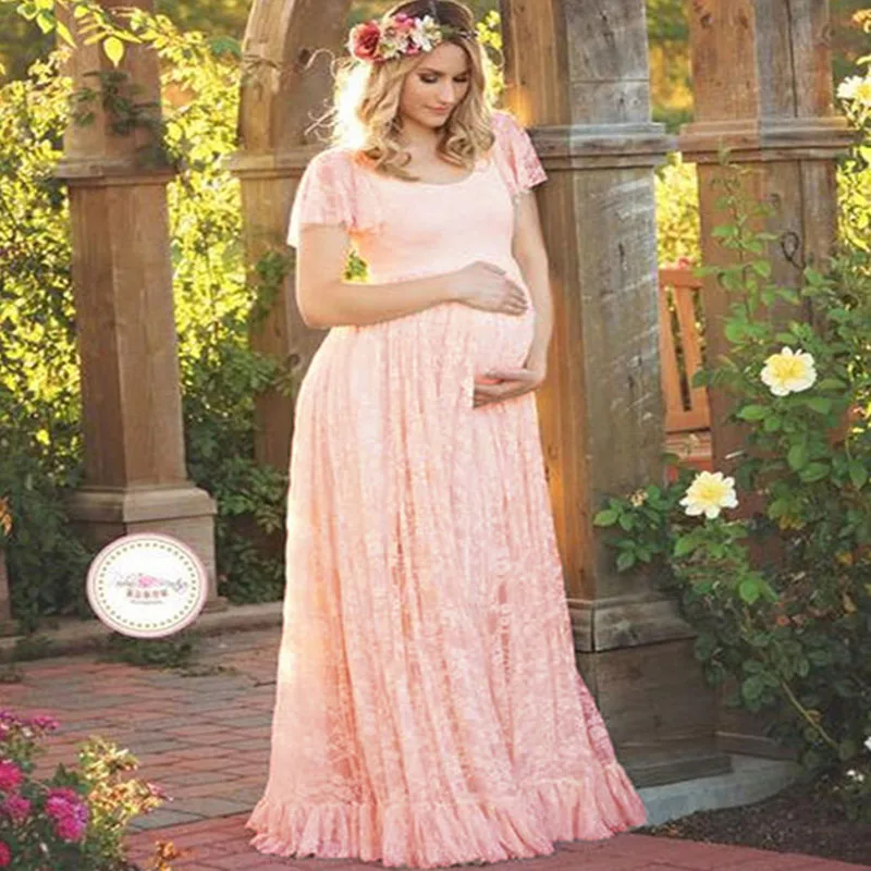 Для беременных и матерей после родов платье для фотосъемки с круглым вырезом для беременных реквизит для фотосъемки с короткими рукавами кружевное платье для беременных - Цвет: Розовый