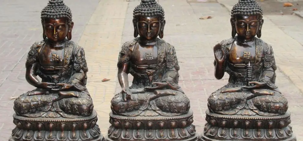 

19" Tibet Bronze Seat Shakyamuni Tathagata Sakyamuni Amitabha Buddha Statue Set