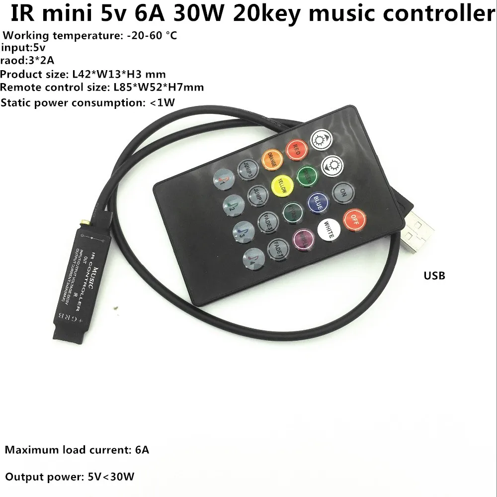 

USB RGB Controller DC5V Music Controller Mini 20Keys IR Remote Control 6A for DC5V 5050 3528 RGB Strip Light