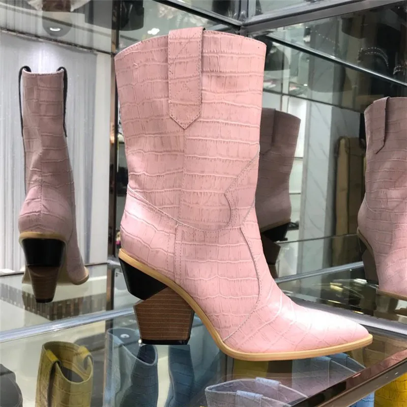 

Blue yellow snake skin Women Boots 2018 Pointed Toe Western Boots Cowboy Boots runway design Chunky Wedges heel Mid-calf Boots
