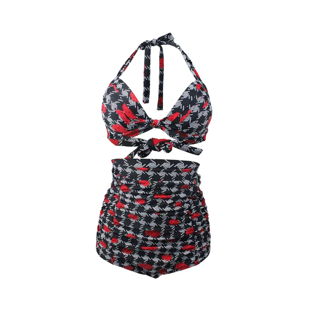 

2018 Large Size Swimwear Women Halter Top Two Piece Beach Wear Roses High Waist Push Up Plus Size Bathing Suits Size 3XL