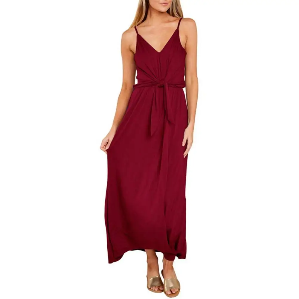 

Women Temperament Deep V Summer Solid Color Mid-length Sleeveless Sling Casual Dress