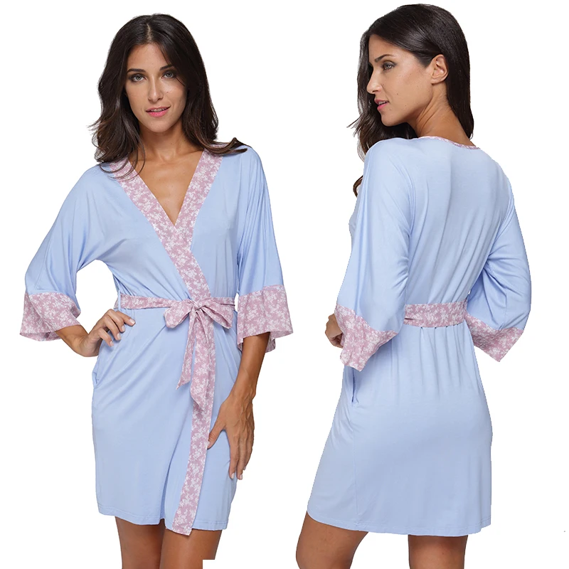 

2018 Women Modal Cotton Knit Short Kimono Robe Sexy Floral Trim Patchwork Lingerie Nightgown Sleepwear Chemises Elegant Bathrobe