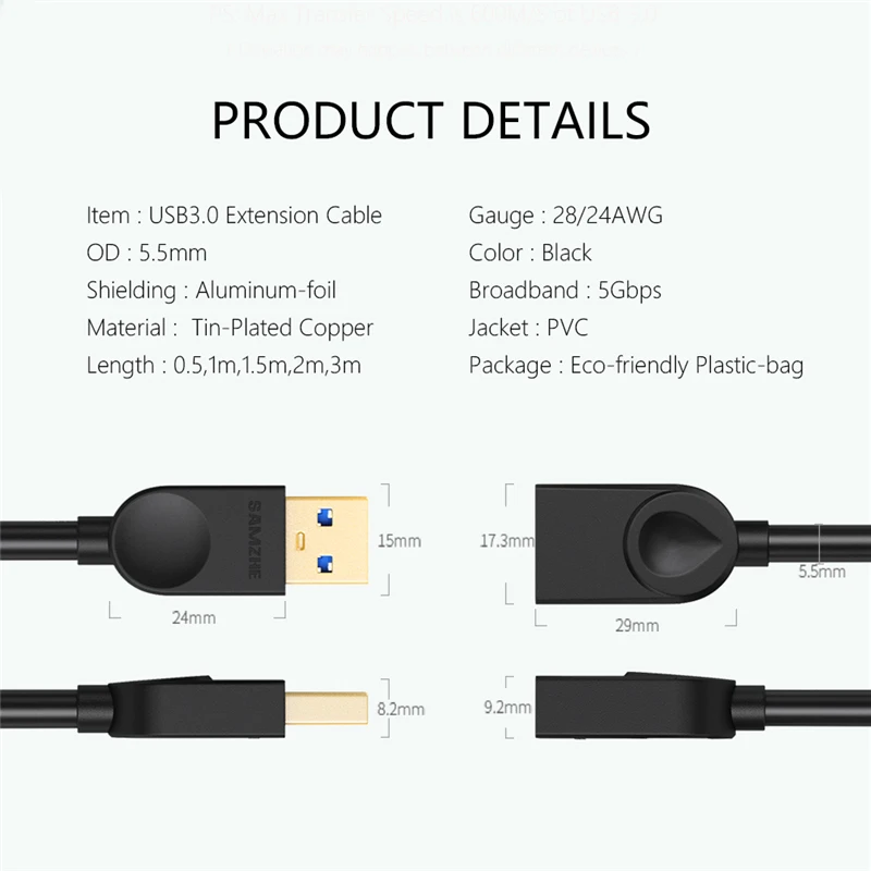 SAMZHE USB Удлинительный кабель папа-мама AM-AF USB3.0 кабель 0,5 м 1 м 1,5 м 2 м 3 м телефон USB синхронизация данных Кабель-Удлинитель