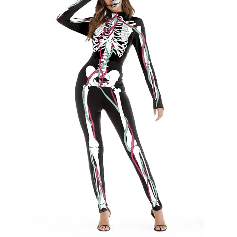 Adult Skeleton Halloween Black Bodysuit Women 3D Skulls Rompers Womens Jumpsuit Tight Sexy