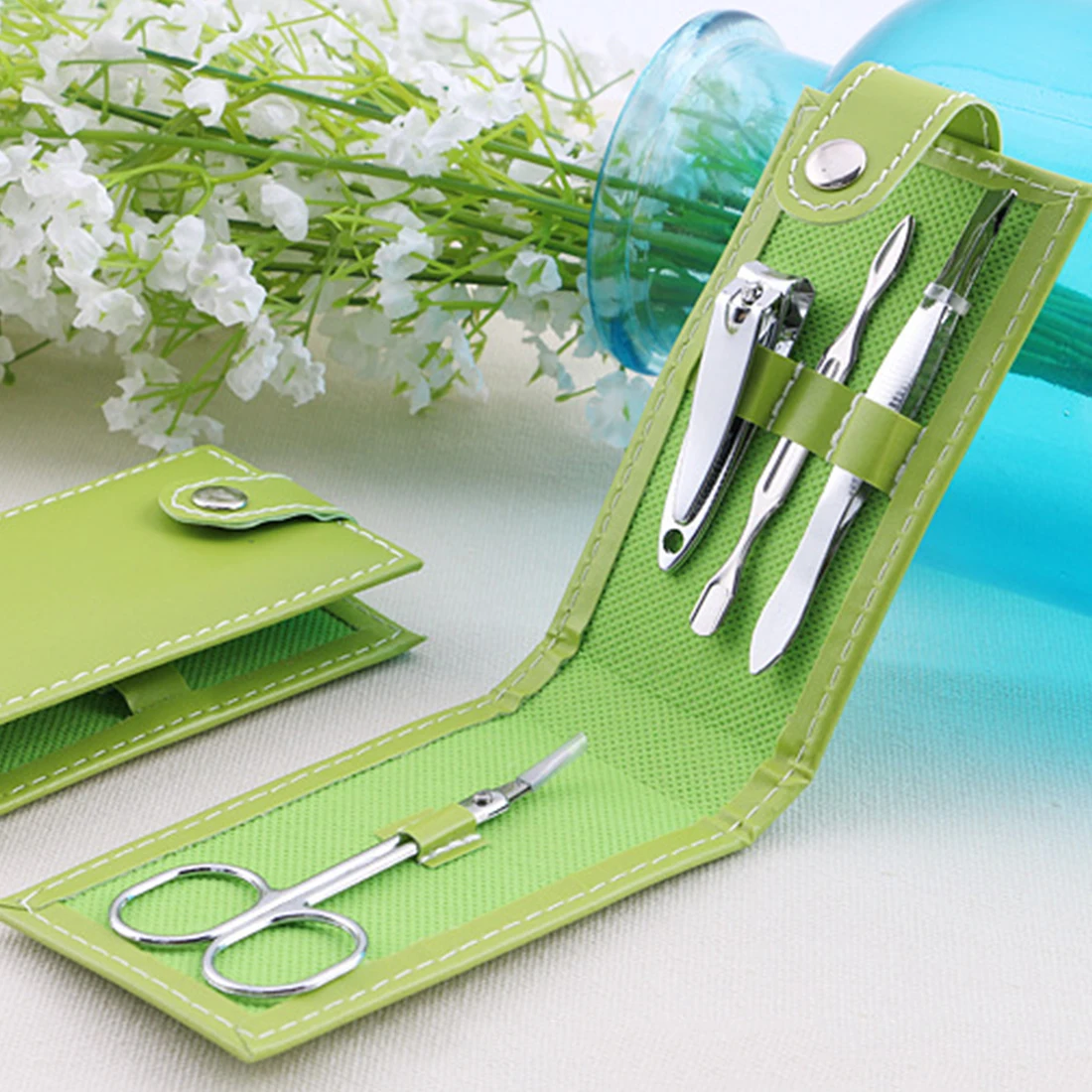 HOT 4Pcs/set Nail Clippers Scissors File Tweezers With PU Case Mini