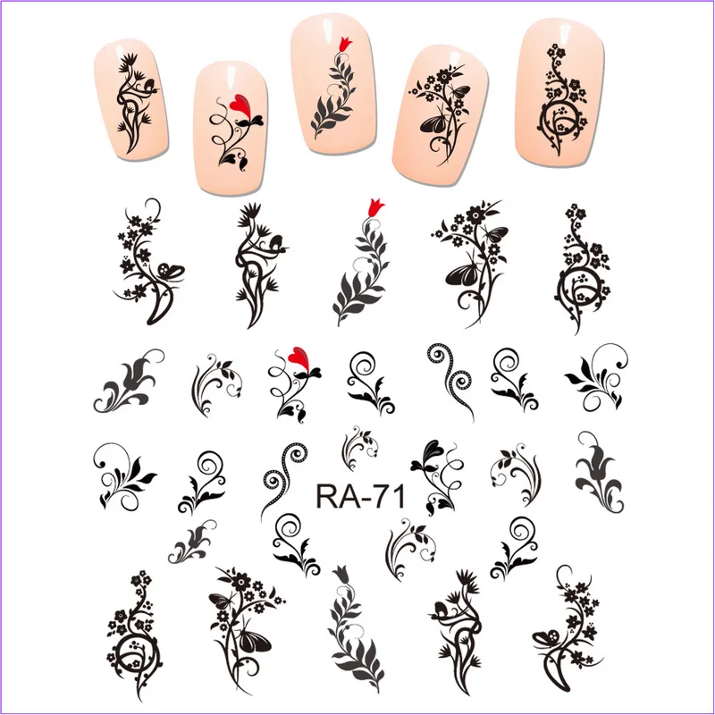 Искусство ногтей Красота воды Наклейка слайдер черный красный цветок цветочные розы Одуванчик Винтаж вихревой узор RA067-072