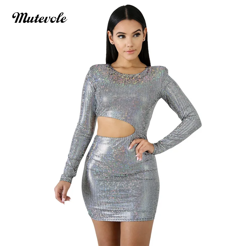 Mutevole Long Sleeve Silver Sequin Mini Dress Women Sexy Hollow Out