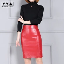 Новинка, модная Офисная Женская приталенная юбка на молнии из натуральной овечьей кожи, Женская юбка Falda размера плюс, разноцветная, с высокой талией