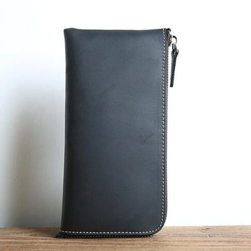 

100% Genuine Crazy Horse Leather Vintage Mens Wallets Zipper Long Clutch Bag Cowhide Leather Purse Coin Bag ID Card Case For Men