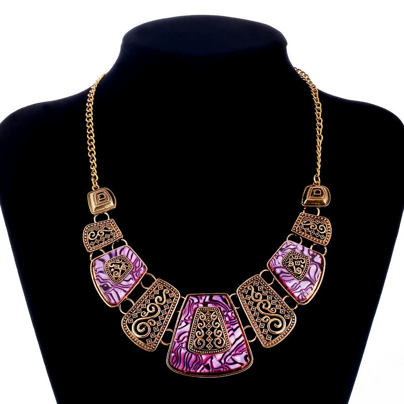 

New Hollow Choker Necklace Gold Color Long Chain Purple Gems Geometry Statement Pendant Necklace for Women Jewelry Collier