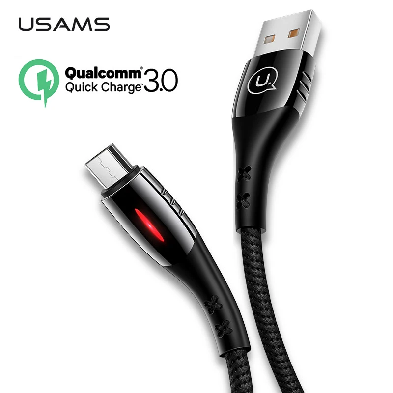 USAMS Micro USB кабель с автоматическим отключением кабель с нейлоновой оплеткой светодиодный светильник, поддержка QC 3,0 кабель быстрой зарядки