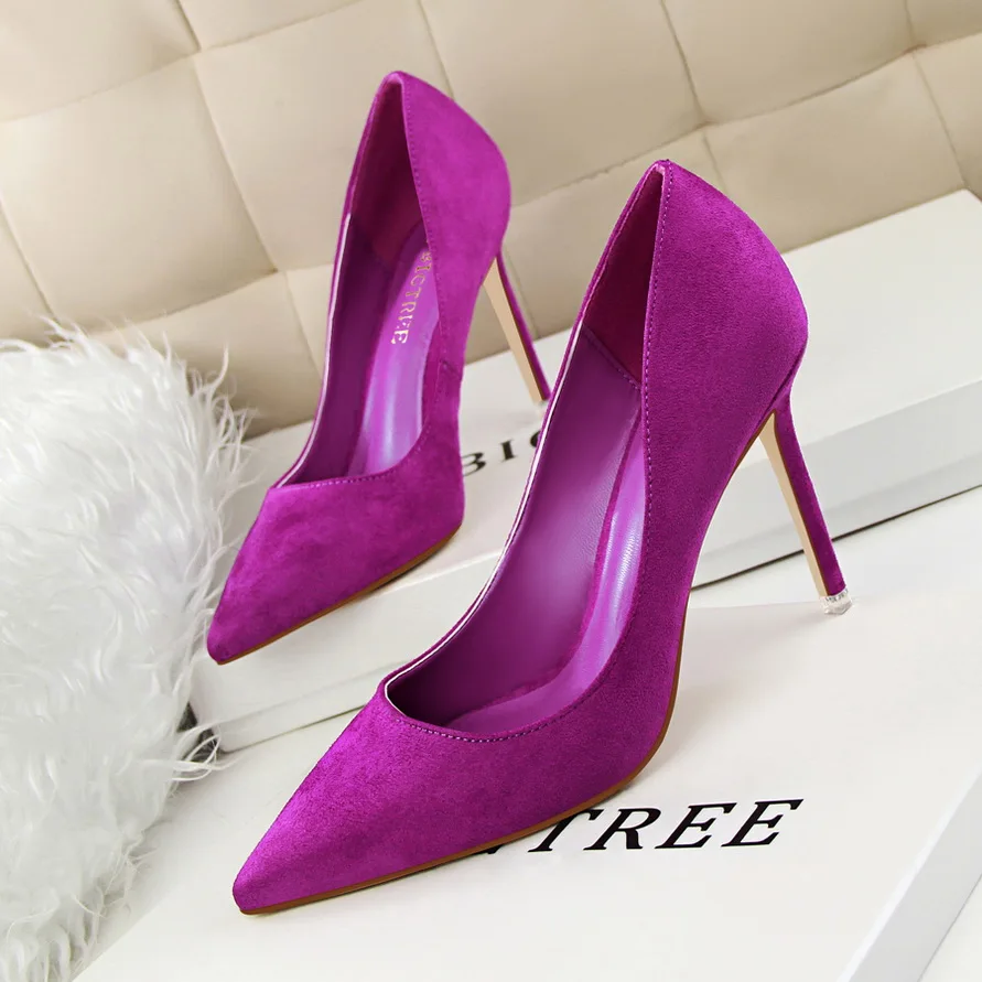 Новые модные женские офисные туфли на высоком каблуке с острым носком; однотонные женские туфли из флока на высоком каблуке; 9 цветов
