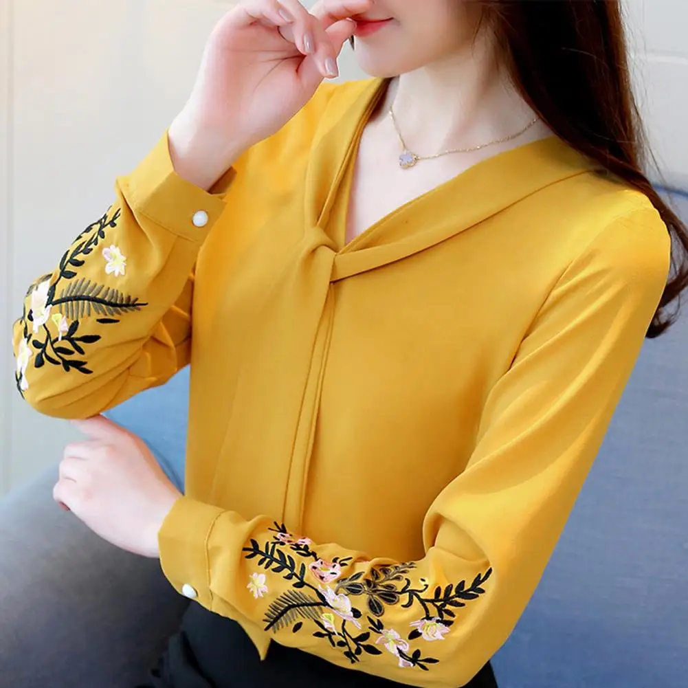 

Office Lady Tied V Neck Flower Embroidery Long Sleeve Shirt Women Chiffon Blouse