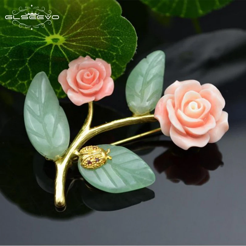 

GLSEEVO Luxury Stone Aventurine Leaf Flower Brooches Party Gift Brooch Pins Dual Use Fine Jewelry For Women Jewellery GO0075