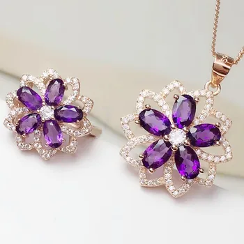 

Natural amethyst flower style jewelry set Free shipping 1pc ring 1pc pendant 925 sterling silver 0.25ct*10pcs gemstone #T921816
