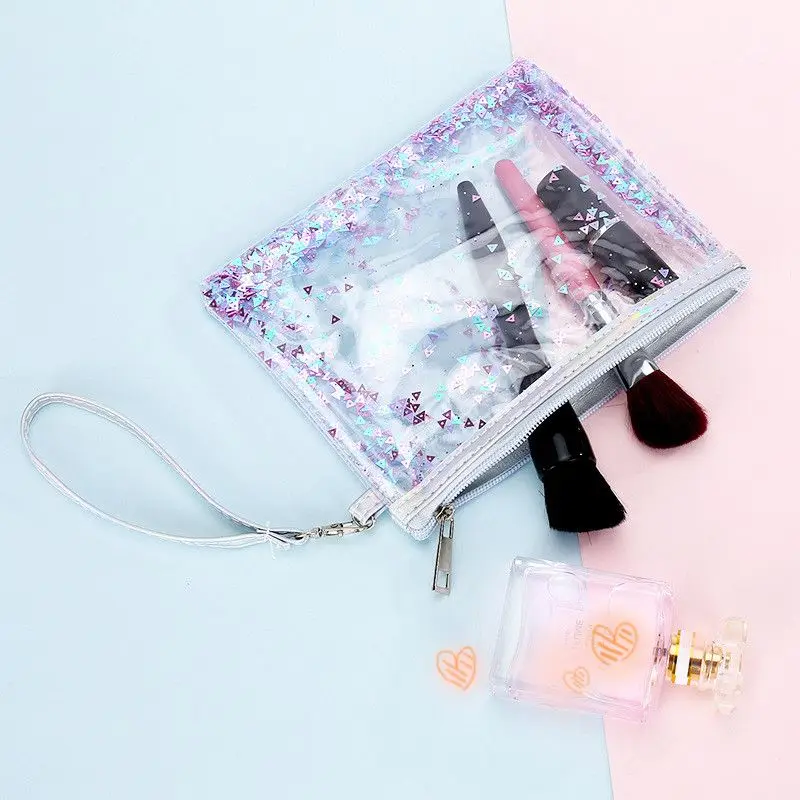 Casual PVC Zipper Cosmetic Beauty Bag Hand Pull Sequin Quicksand Make Up Bag Pouch Travel Portable Makeup Wash Bag Necessarie