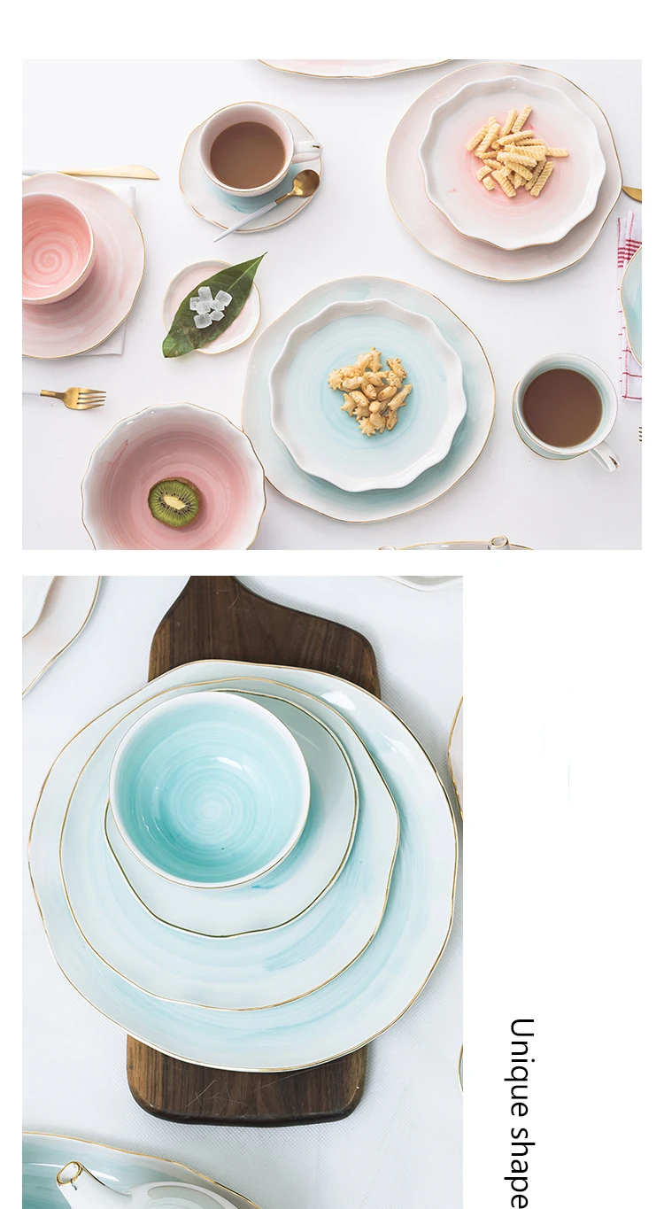 Розовая и синяя Золотая керамическая посуда фарфоровая тарелка кофейная кружка чашка миска чайник блюдо стол элегантные вечерние украшения для ужина набор