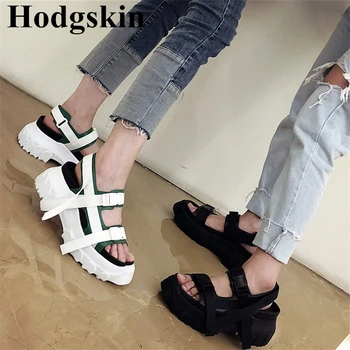 

Sandalias Mujer 2019 New Street Fashion Black White Platform Gladiator Sandals Women High Heels Double Buckles Shoes Woman