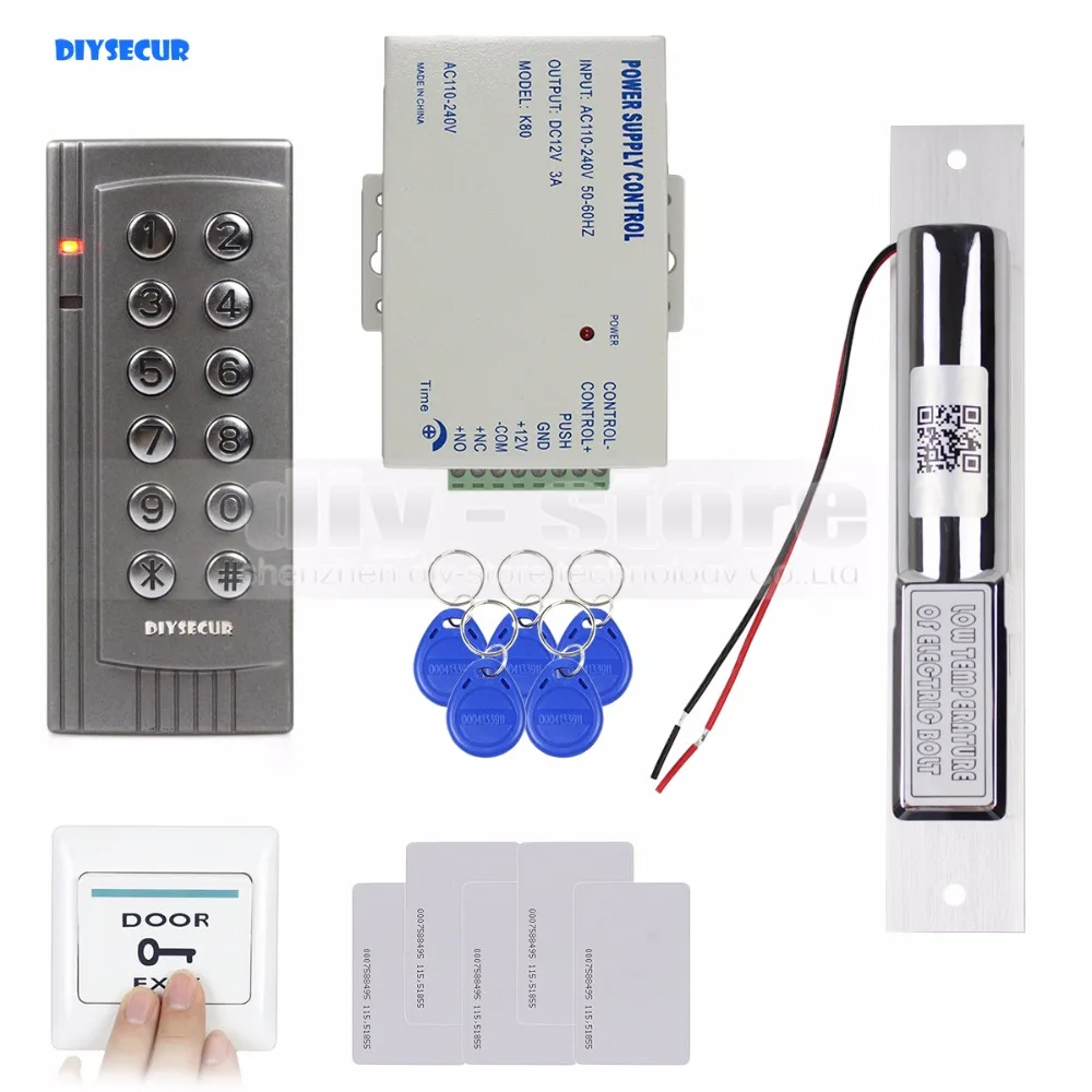 

DIYSECUR 125KHz RFID EM Reader Door Access Controller System Kit + Electric Bolt Lock + Exit Button