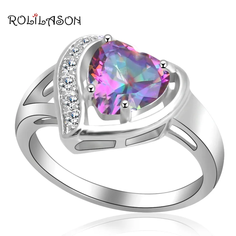 ROLILASON Weeding gift Heart desgin ring for women multicolor zircon white crystal silver color Rings USA size #6#7#8#9#10 OR916 | Украшения